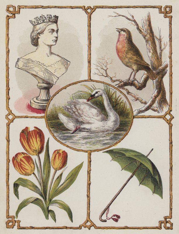 Kuningatar, Robin, Joutsen, Tulppaani, Sateenvarjo (väri litho) tekijältä English School