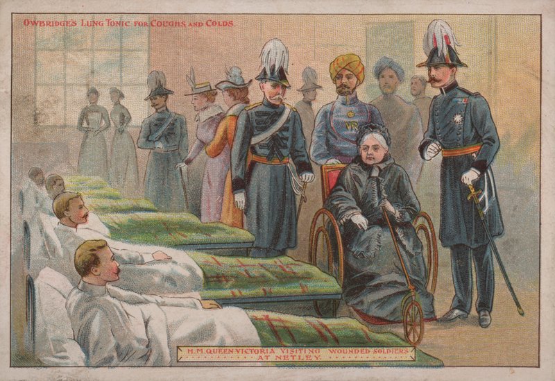 Kuningatar Victoria vierailee haavoittuneiden brittisotilaiden luona Netley Hospitalissa Hampshiressa, 1898 tekijältä English School