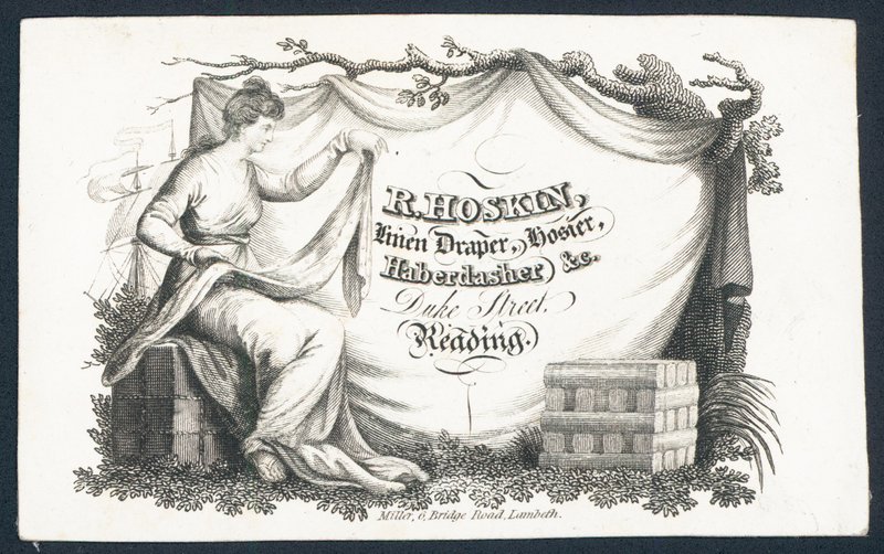 R Hoskin, pellavaverho, sukkahousut, lyhyttavara, kauppakortti tekijältä English School