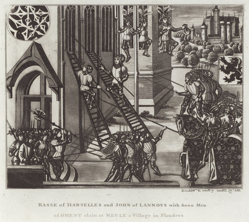Rasse of Harselles ja John of Lannoys 6000 Gentin miehen kanssa surmattiin Meule a Villagessa Flanderissa tekijältä English School