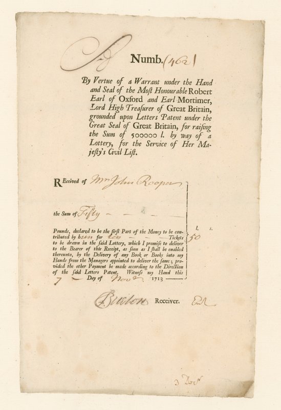 Kuitti vuoden 1713 kansalaisluettelon lotosta tekijältä English School