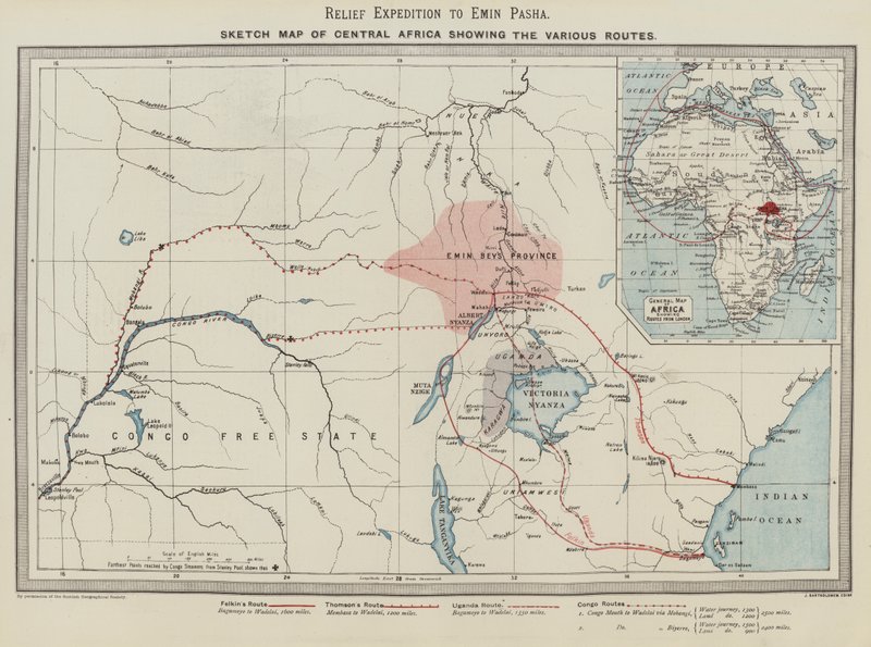 Relief Expedition to Emin Pasha, luonnoskartta Keski-Afrikasta, joka näyttää eri reitit (väri litho) tekijältä English School