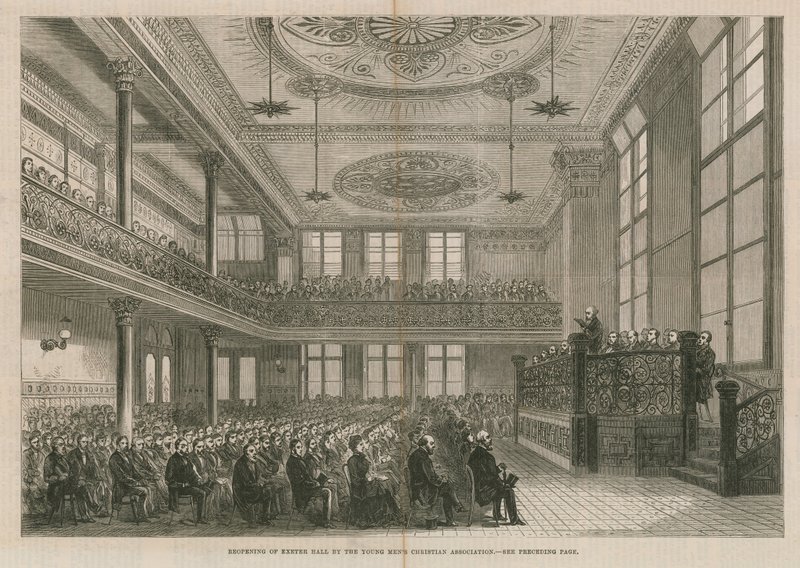 Young Mens Christian Association avaa Exeter Hallin uudelleen Lontoossa tekijältä English School