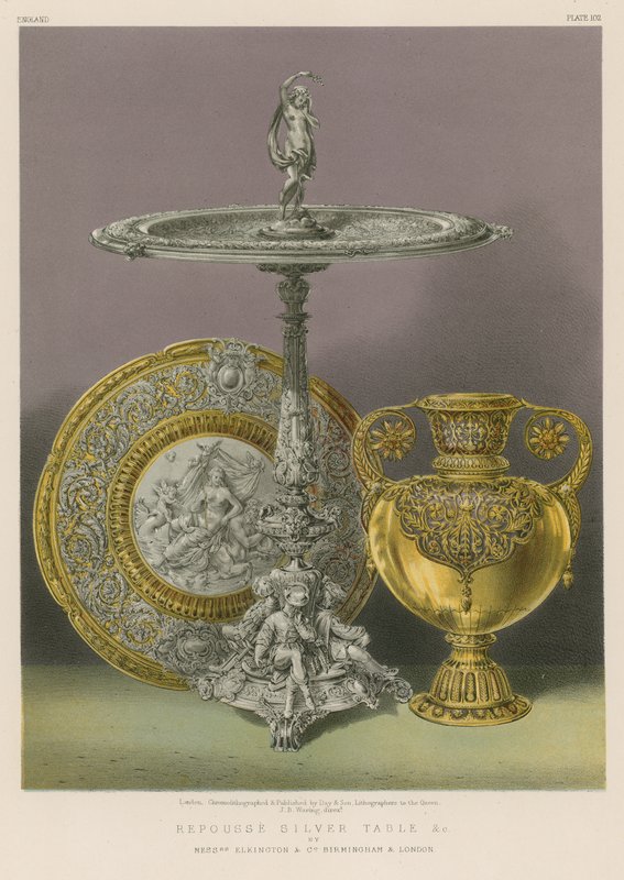 Repousse Silver Table jne., herrat Elkington and Co, Birmingham ja Lontoo tekijältä English School