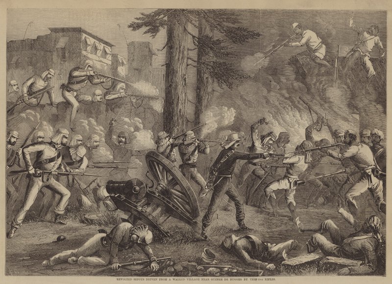 60th Rifles ajaa kapinallisia Sepoyja muureista kylästä lähellä Guznee de Nuggeria (kaiverrus) tekijältä English School