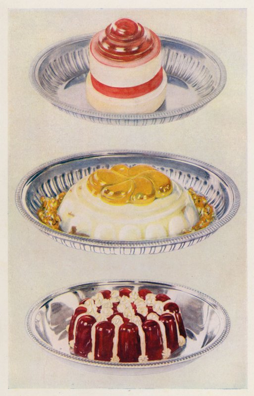 Nauhahyytelö; Venus Pudding; Viinihyytelö ja kerma (värilitografia). tekijältä English School