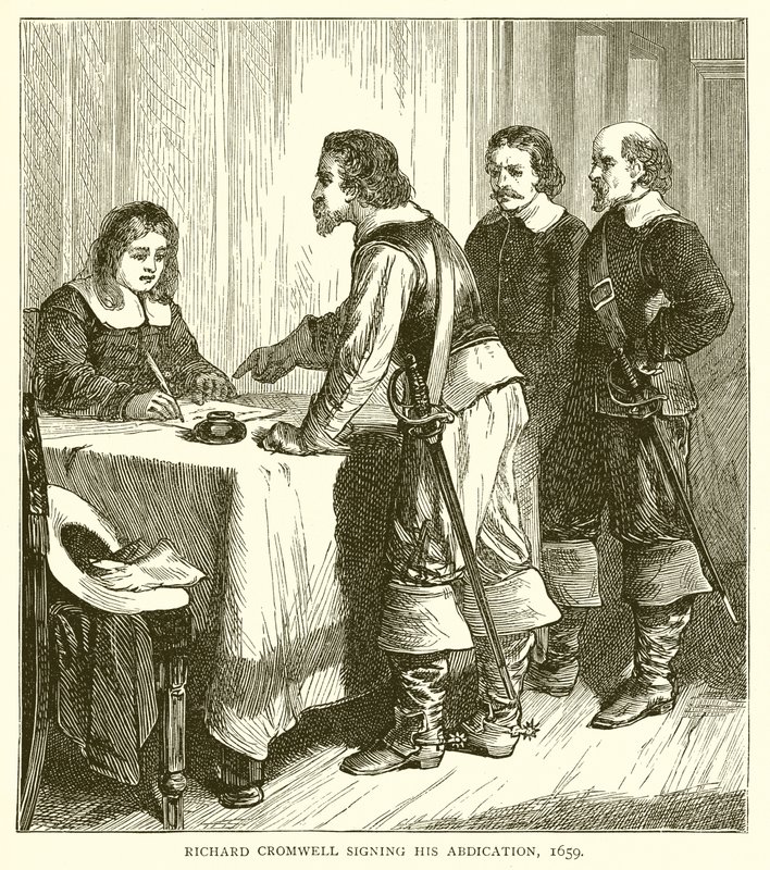 Richard Cromwell allekirjoittaa luopumuksensa vuonna 1659 tekijältä English School