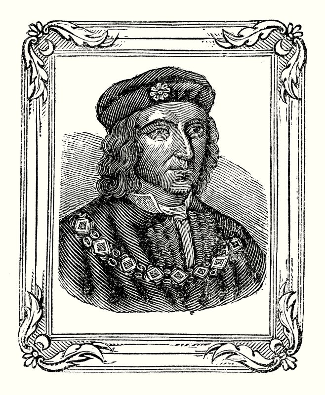 Richard III syntyi vuonna 1450, kruunattiin vuonna 1483, tapettiin vuonna 1485 (kaiverrus) tekijältä English School