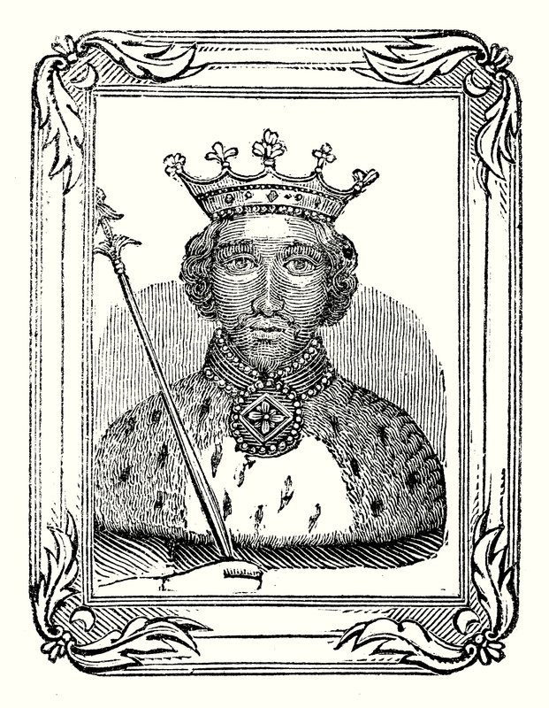Rikhard II syntyi vuonna 1366, hänet kruunattiin vuonna 1377 ja murhattiin vuonna 1399 (kaiverrus). tekijältä English School