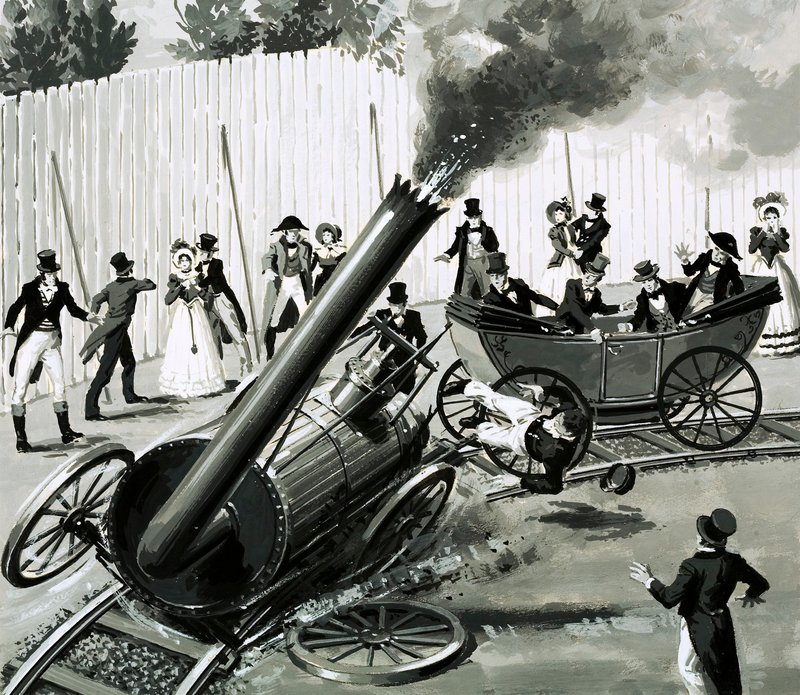 Richard Trevithick rakensi pienen pyöreän rautatien Lontooseen esitelläkseen ihmisiä junamatkustamiseen (guassi paperilla) tekijältä English School