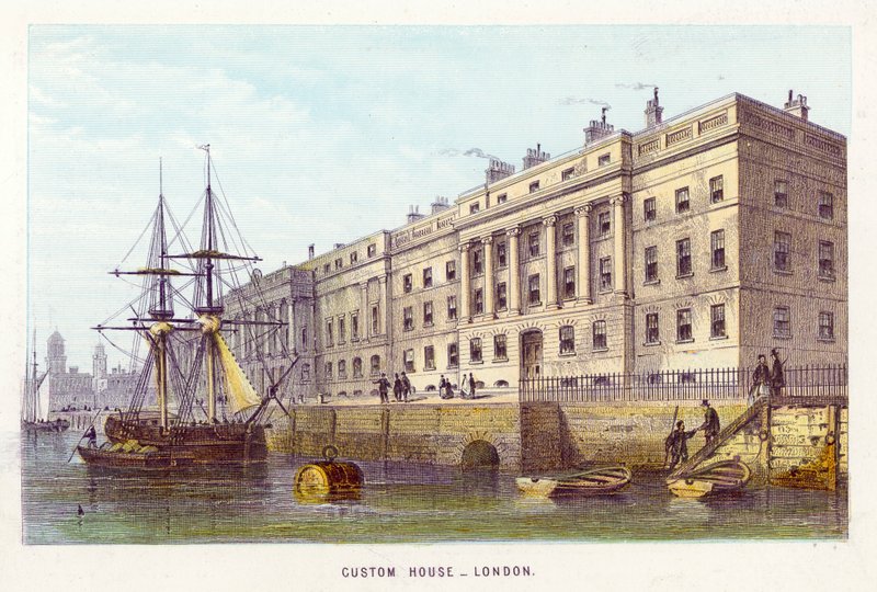 Thames-joki: Custom House, Lontoo (värillinen kaiverrus) tekijältä English School
