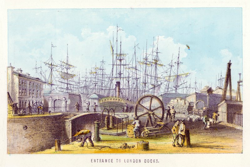 Thames-joki: London Docksin sisäänkäynti (värillinen kaiverrus) tekijältä English School