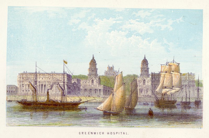 Thames-joki: Greenwich Hospital (värillinen kaiverrus) tekijältä English School