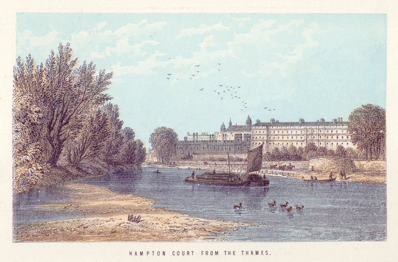 Thames-joki: Hampton Court Thamesista (värillinen kaiverrus) tekijältä English School
