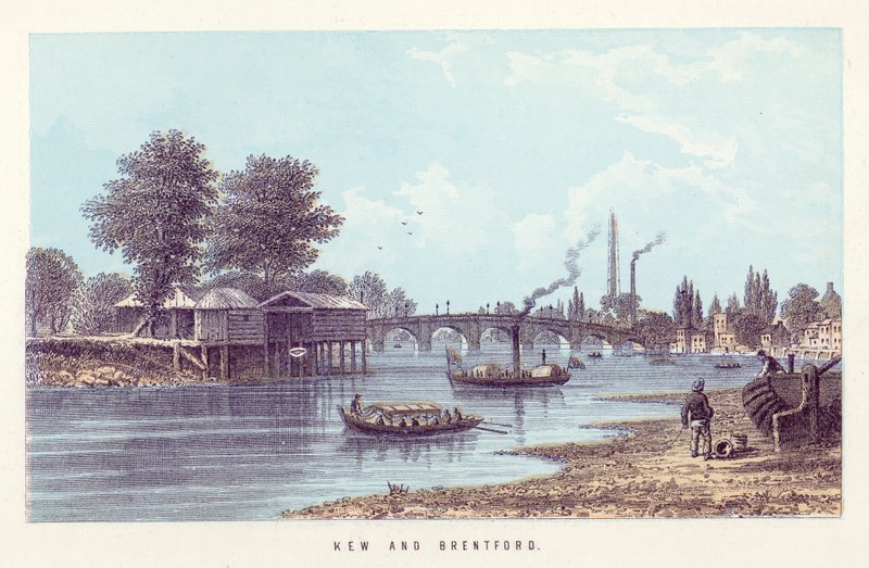 Thames-joki: Kew ja Brentford (värillinen kaiverrus) tekijältä English School