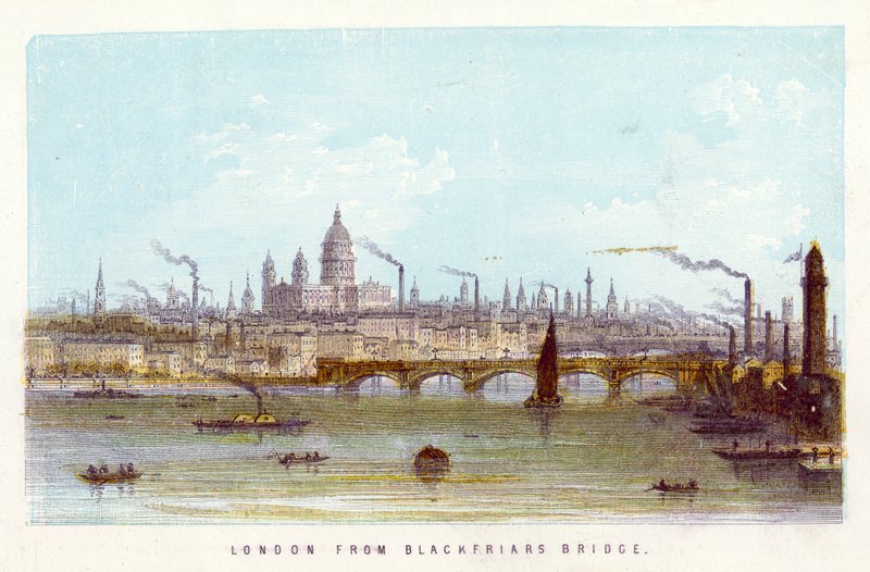 Thames-joki: Lontoo Blackfriars Bridgestä (värillinen kaiverrus) tekijältä English School
