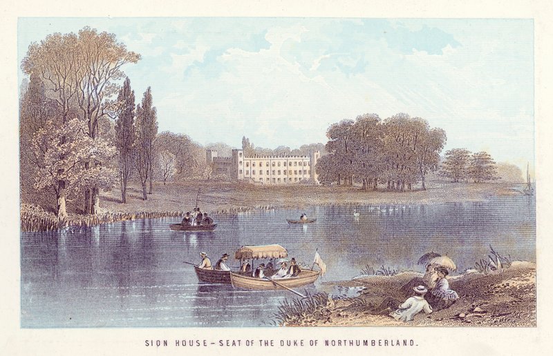 Thames-joki: Sion House - Northumberlandin herttuan istuin (värillinen kaiverrus) tekijältä English School