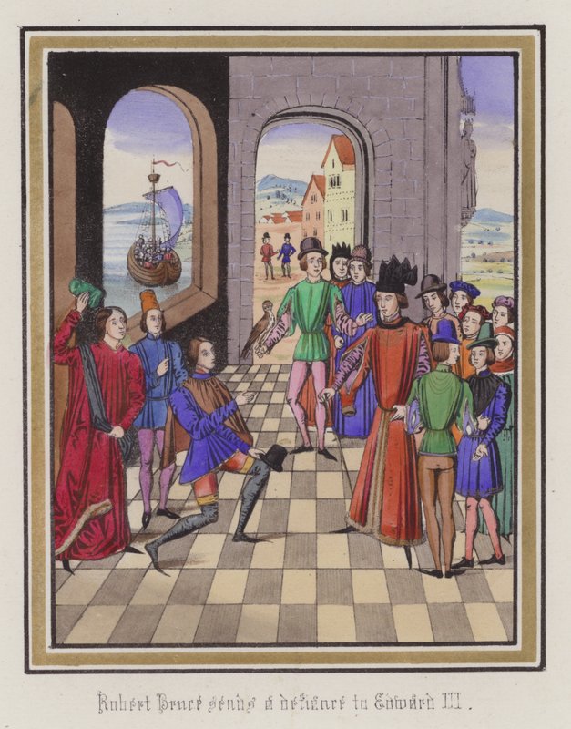 Robert Bruce uhmaa kuningas Edward III:ta (värillinen kaiverrus) tekijältä English School