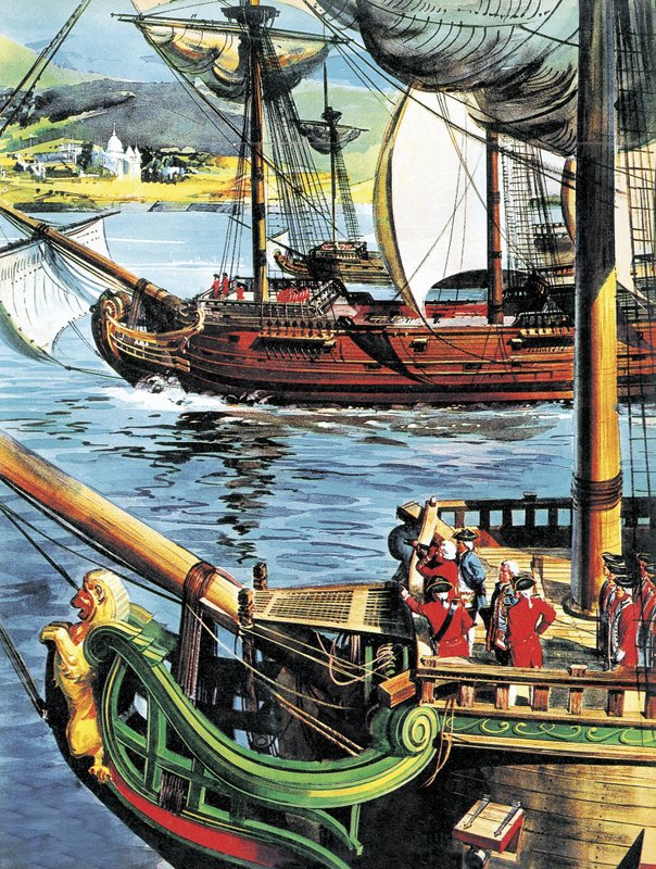 Robert Clive purjehtii Bengalinlahdella Gangesin suulle tekijältä English School