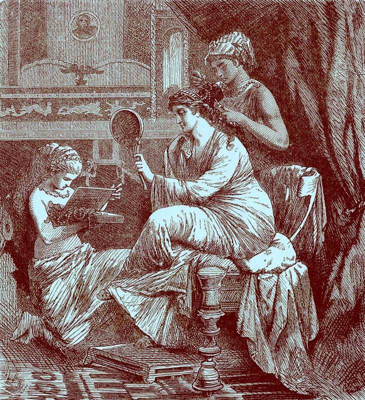 Roomalainen nainen wc:ssä, kuvitus teoksesta The Illustrated History of the World, julkaistu n. 1880 (digitaalisesti paranneltu kuva) tekijältä English School