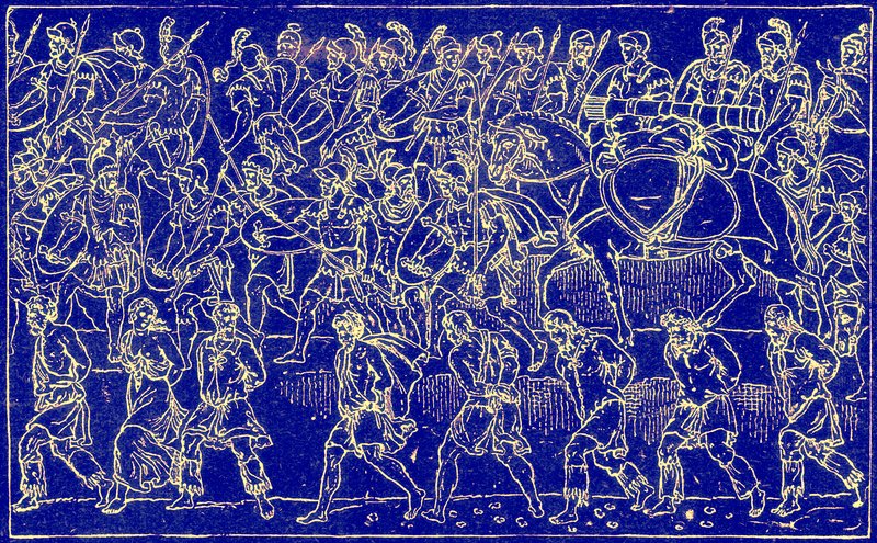 Roomalaiset sotilaat ja barbaarivangit, kuvitus teoksesta The Illustrated History of the World, julkaistu n. 1880 (digitaalisesti paranneltu kuva) tekijältä English School