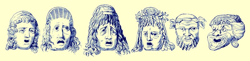 Roomalaiset teatterinaamarit, kuvitus Edward Ollierin Cassells Illustrated Universal Historysta, julkaistu 1890 (digitaalisesti paranneltu kuva) tekijältä English School