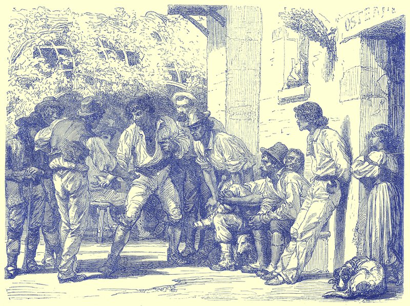 Roomalaiset leikkimässä Morassa, kuvitus Illustrated Travelsista, toimittanut H. W. Bates, julkaistu n. 1880 (digitaalisesti paranneltu kuva) tekijältä English School