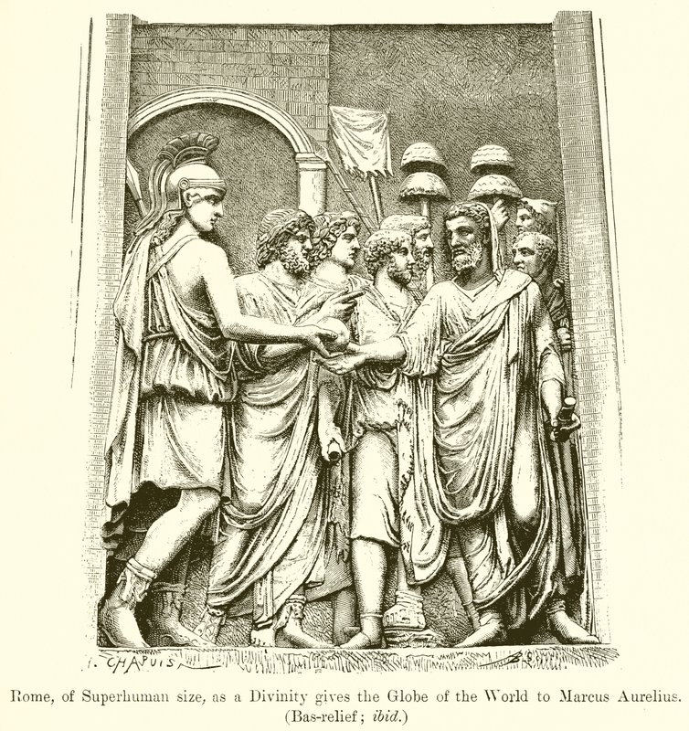 Yli-inhimillisen kokoinen Rooma jumaluutena antaa maailman maapallon Marcus Aureliusille. (Kohokuva; ibid) tekijältä English School