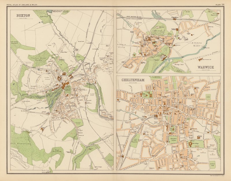 Royal Atlas, s. 1900: Buxton; Warwick; Cheltenham (väri litho) tekijältä English School