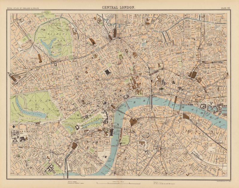 Royal Atlas, n. 1900: Lontoon keskusta (värilitho) tekijältä English School