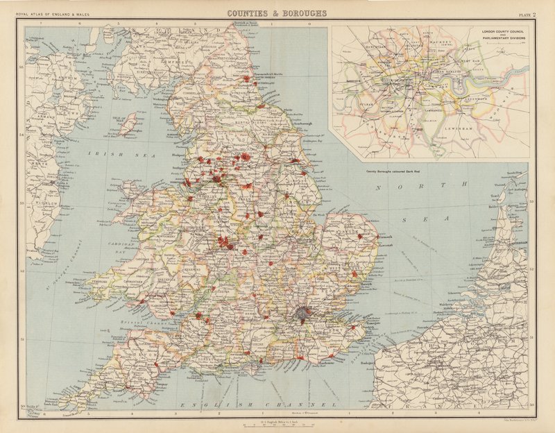 Kuninkaallinen atlas, n. 1900: Maakunnat ja kaupunginosat (väri litho) tekijältä English School