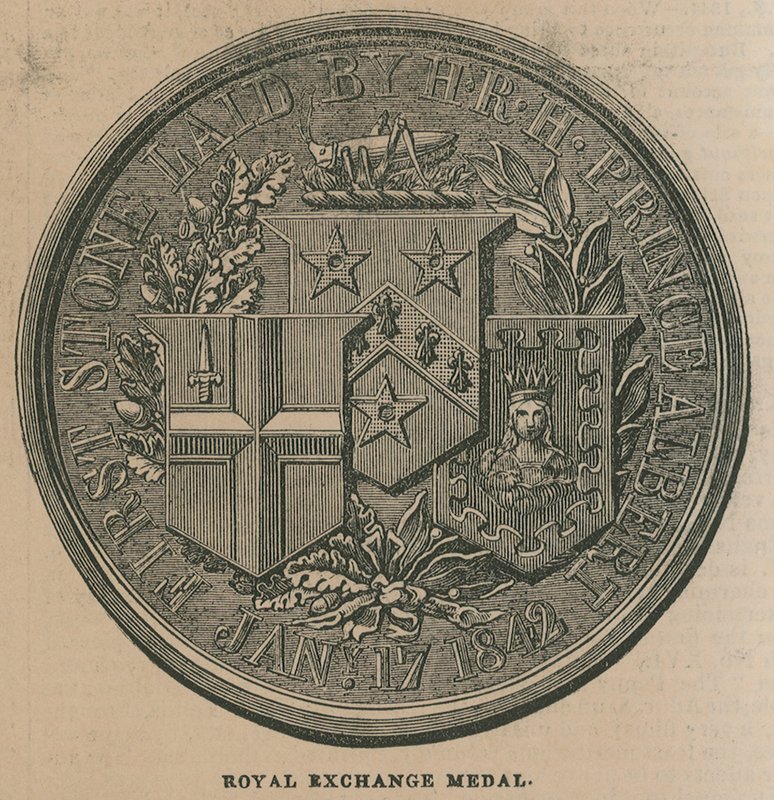 Royal Exchange -mitali, lyötiin kuninkaallisen pörssin avaamisen muistoksi vuonna 1844 tekijältä English School