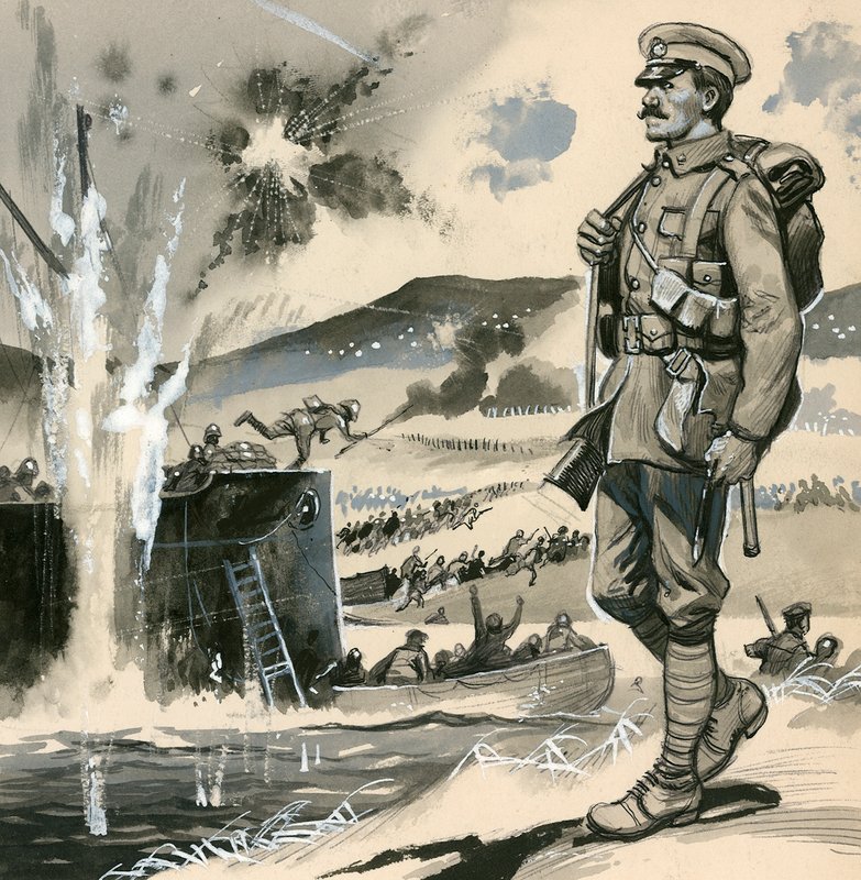 Kuninkaalliset merijalkaväet amfibiolaskuissa Dardanelleilla vuonna 1915 tekijältä English School