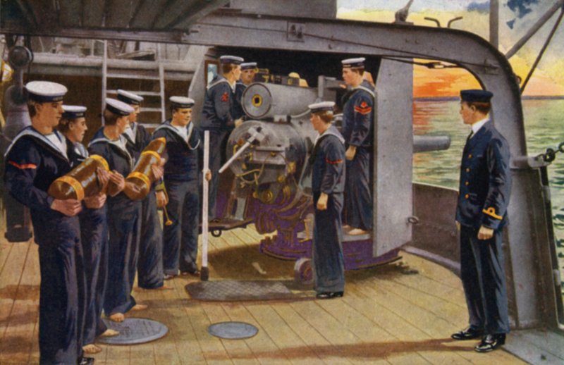 Royal Naval Barracks, Chatham: Laivaston kanssa, aseen miehistö poraa 6 tuuman aseella (värilitho) tekijältä English School