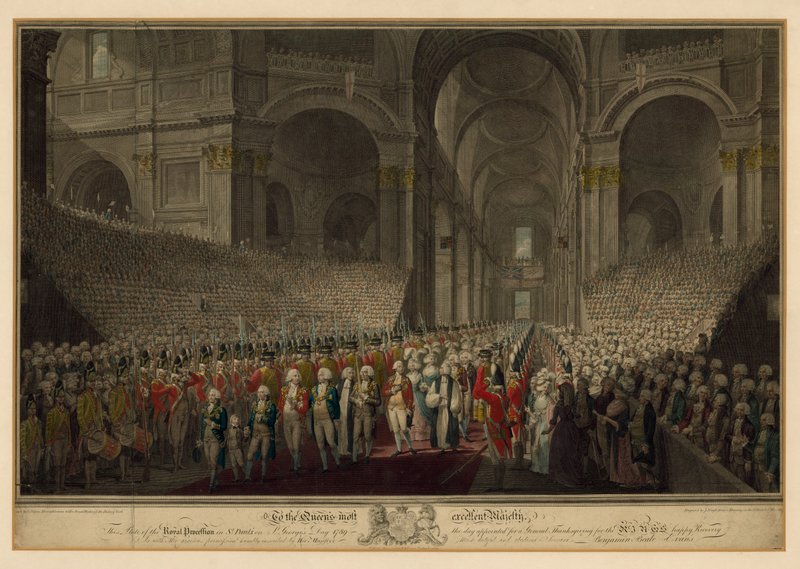Kuninkaallinen kulkue St Paulin katedraalissa Pyhän Yrjön päivänä 1789 tekijältä English School