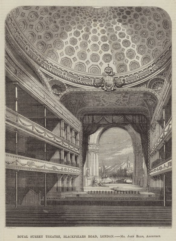 Royal Surrey Theatre, Blackfriars Road, Lontoo, herra John Ellis, arkkitehti (kaiverrus) tekijältä English School