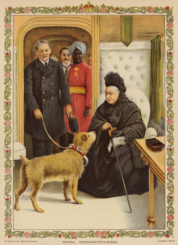 Royal Thoughtfulness - Kuningatar Victoria Paddingtonin asemalla, tekee hyväntekeväisyyslahjoituksen (chromolitho) tekijältä English School