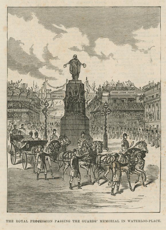 Kuninkaallinen kulkue ohittaa Guards Memorialin Waterloo Placessa tekijältä English School