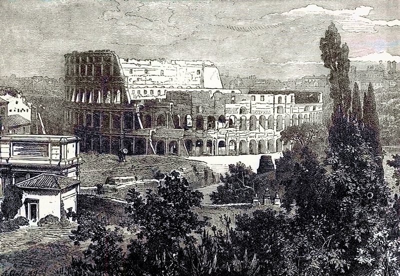 Colosseumin rauniot, Palatinen, kuvitus Cassells Illustrated Universal Historysta, Edward Ollier, julkaistu 1890 (digitaalisesti paranneltu kuva) tekijältä English School