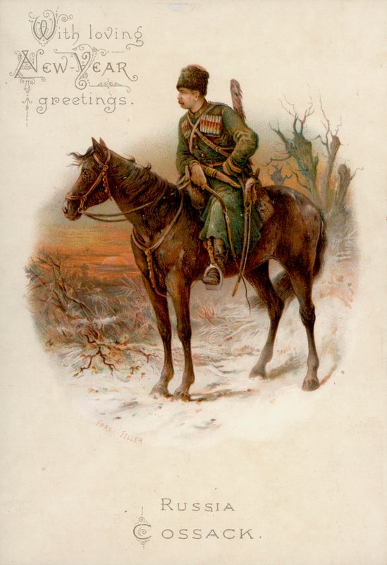 Venäläinen kasakka hevosen selässä: (chromolitho): uudenvuoden onnittelukortti (chromolitho) tekijältä English School