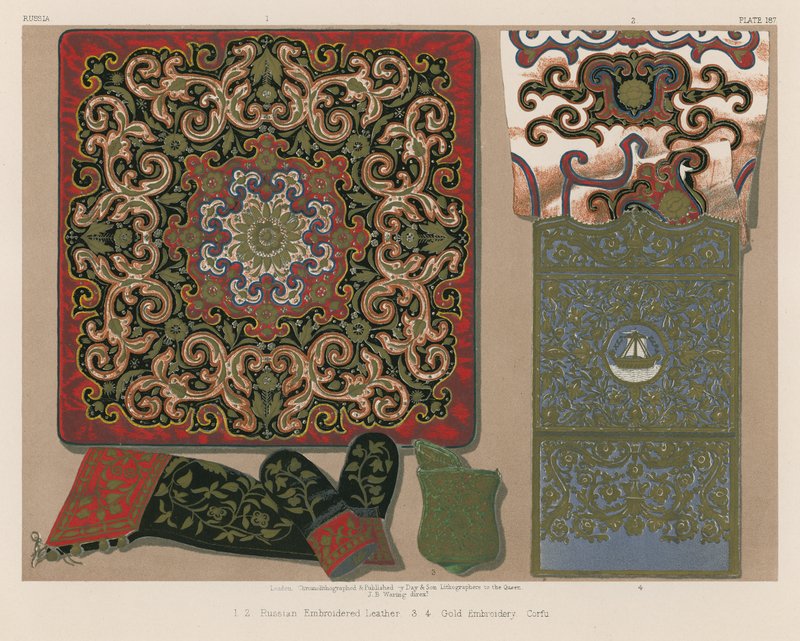 Venäläinen kirjailtu nahka, kultakirjonta, Korfu (chromolitho) tekijältä English School