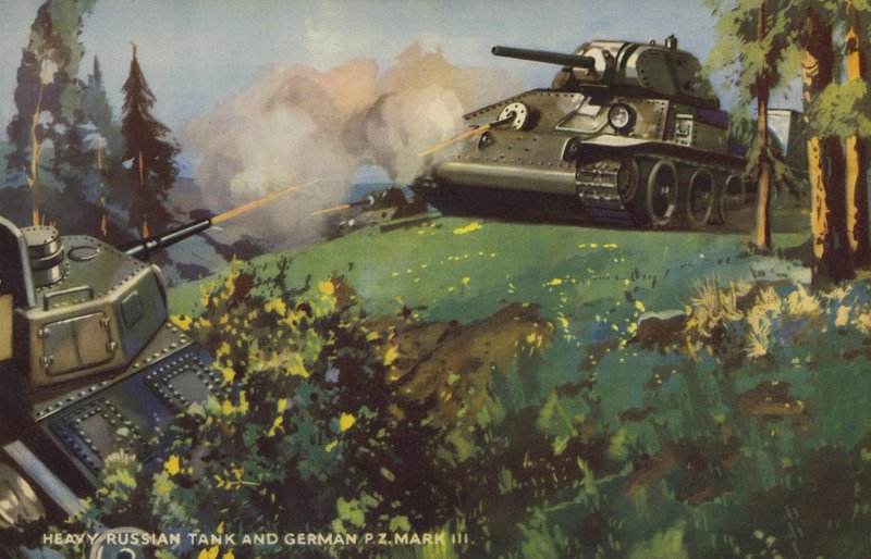 Venäläinen raskas panssarivaunu ja saksalainen Panzer III, toinen maailmansota (väri litho) tekijältä English School