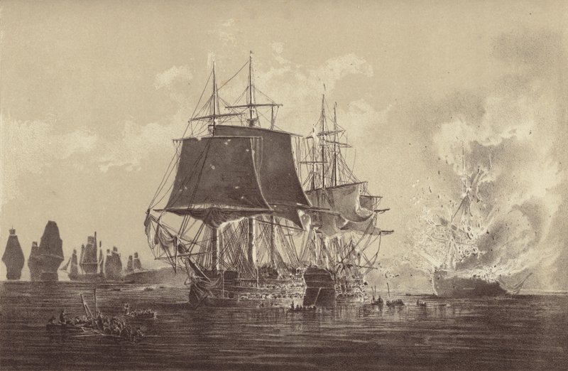Venäläinen alus Vsevolod tuhoutui Venäjän laivaston läsnäollessa Ruotsin laivaston liitteenä ja kapteeni Thomas Byam Martinin komentaman HMS Implacablen kanssa Itämerellä 26. elokuuta 1808 (litho) tekijältä English School