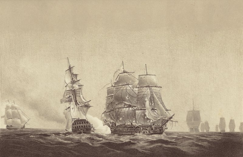 Venäläinen alus Vsevolod osoittaa lippuaan Ruotsin laivastoon kuuluvalle HMS Implacable -alukselle, jota komentaa kapteeni Thomas Byam Martin, Itämerellä 26. elokuuta 1808 (litografia). tekijältä English School