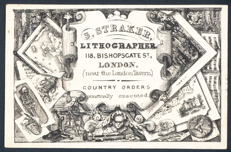 S Straker, litografi, kauppakortti tekijältä English School