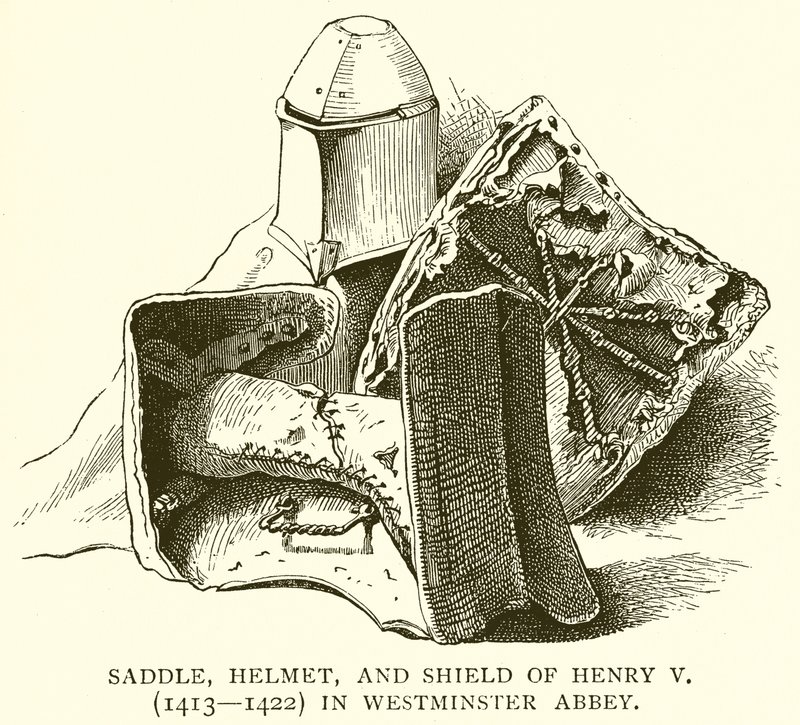 Henry V:n (1413--1422) satula, kypärä ja kilpi Westminster Abbeyssa tekijältä English School
