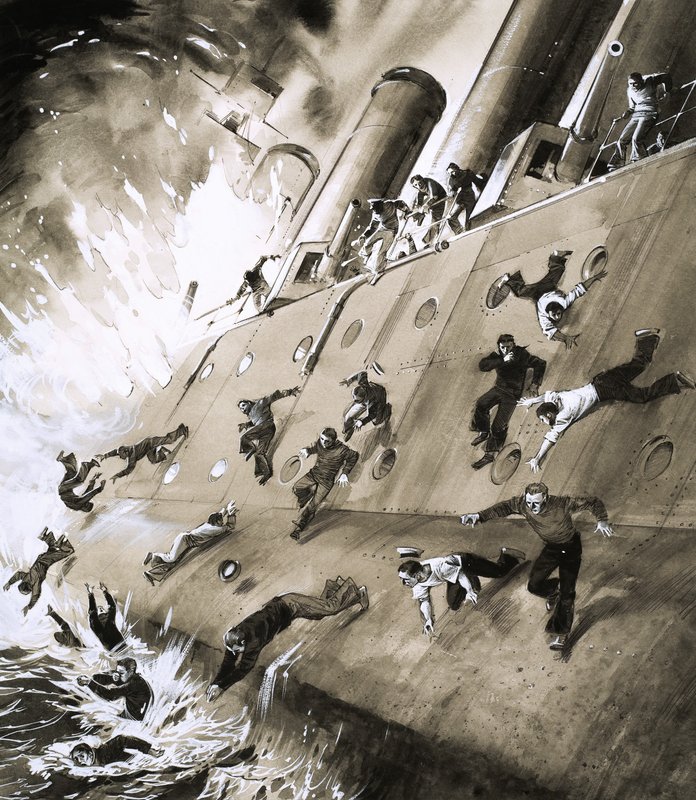 Merimiehet pakenivat HMS Natalia, joka syttyi tuleen Cromarty Firthissä vuonna 1915 tekijältä English School