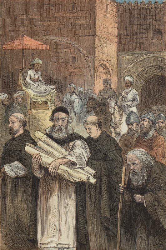 Saladin sallii kristittyjen lähteä Jerusalemista (värinen kaiverrus) tekijältä English School