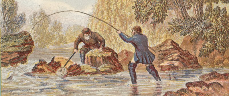 Lohen kalastus (väri litho) tekijältä English School