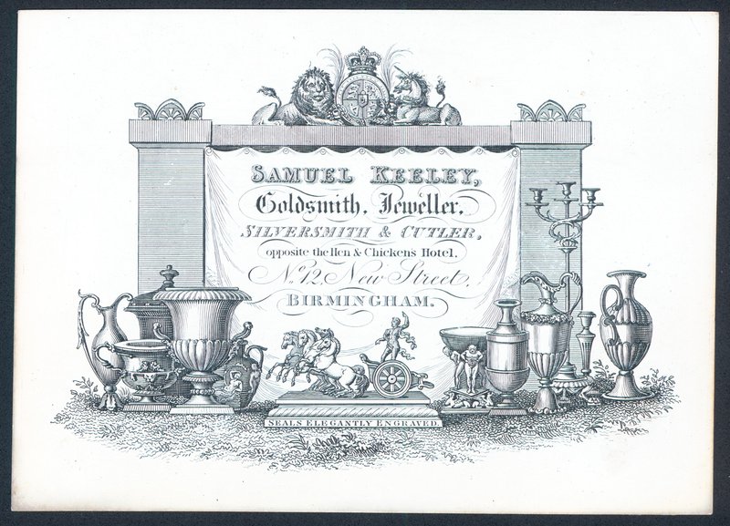 Samuel Keeley, Goldsmith, Jeweller, Silversmith & Cutler, kauppakortti tekijältä English School